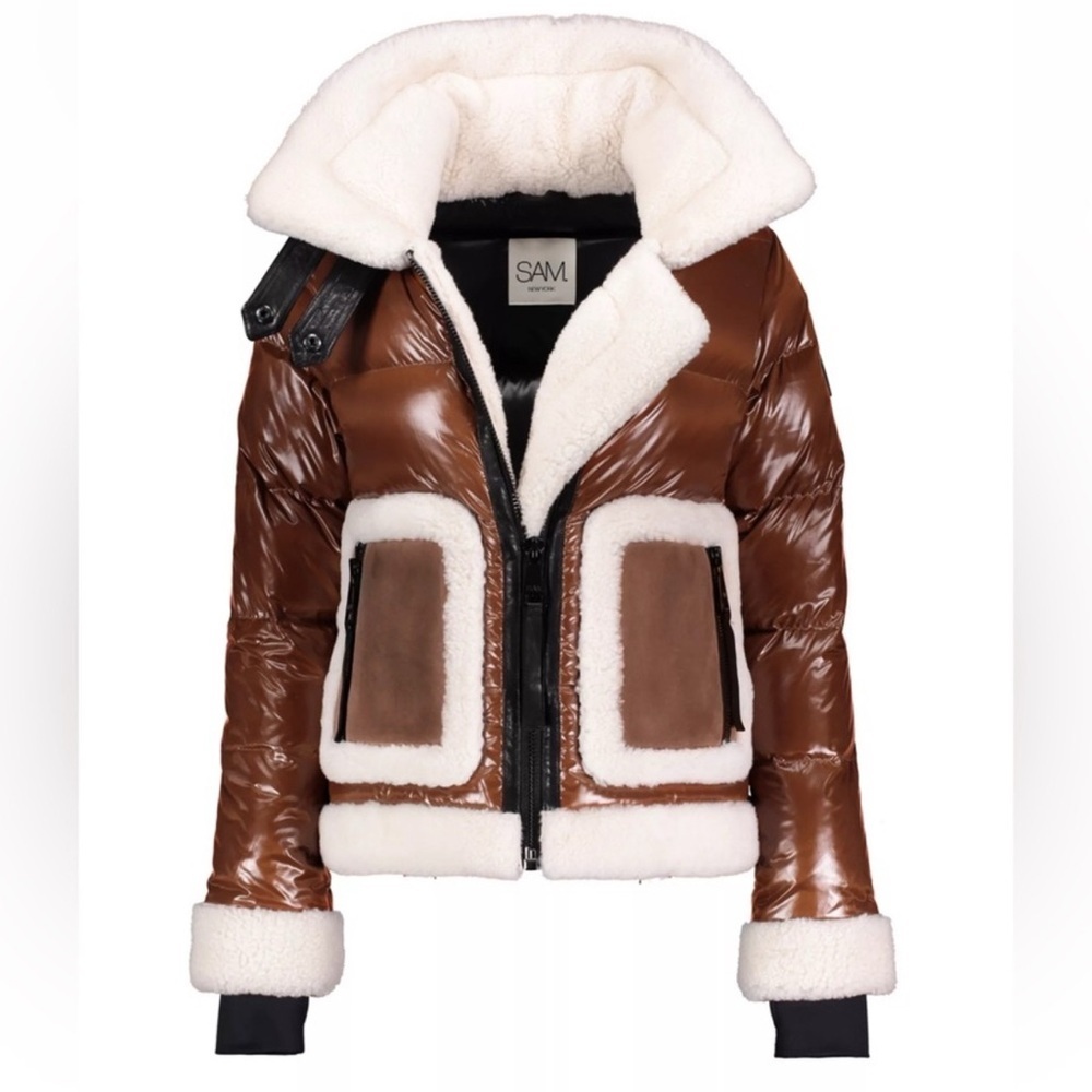 SAM. Brown Shearling-Trim Puffer Jacket with Cream Lining